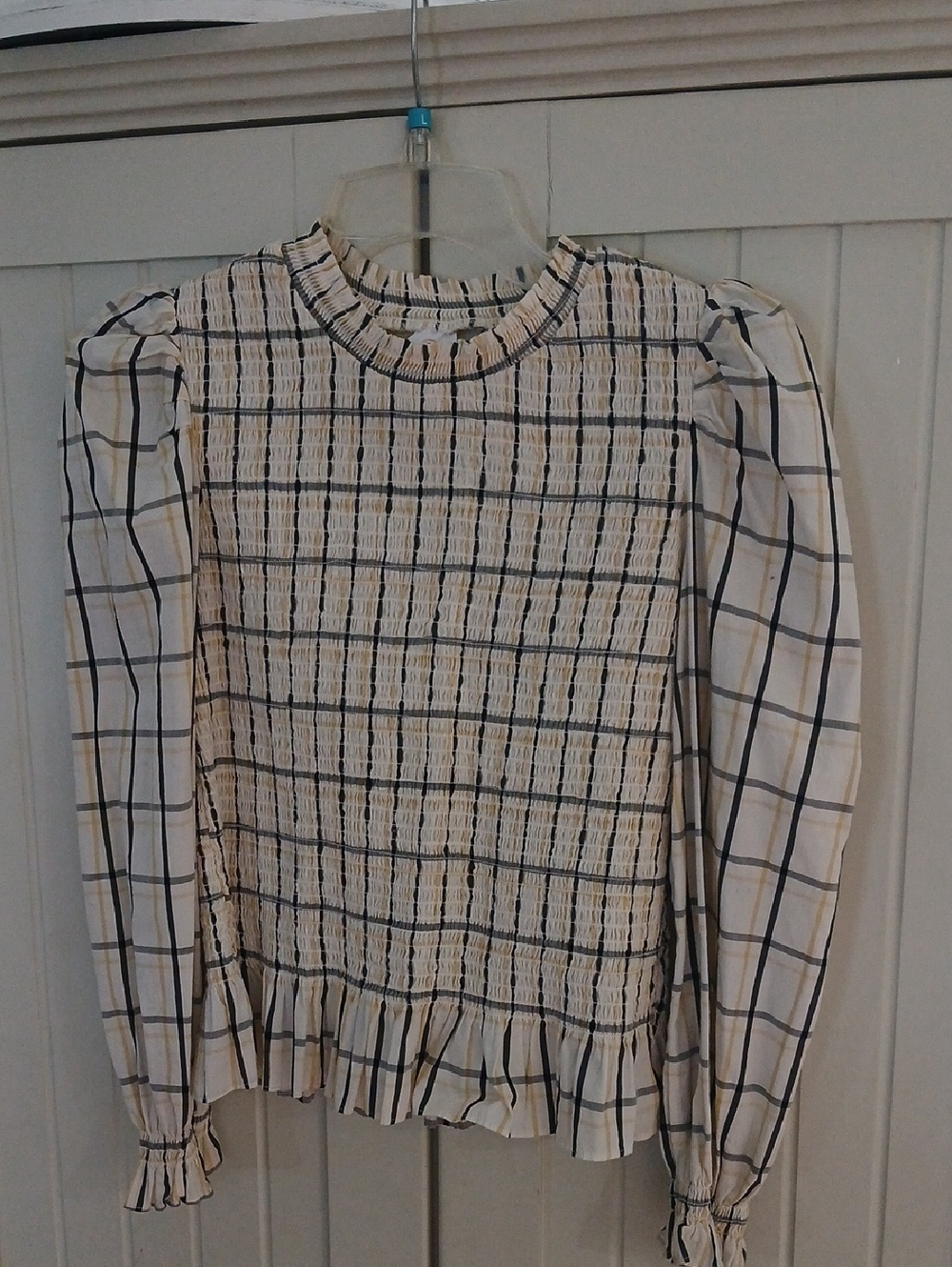 wonder nation Cream and Black Plaid Smocked Peplum Top